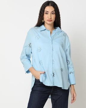 women schiffli embroidered relaxed fit shirt