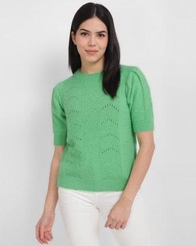 women schiffli embroidered round-neck pullover