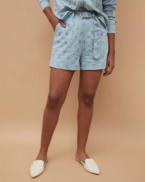 women schiffli embroidered shorts with belt