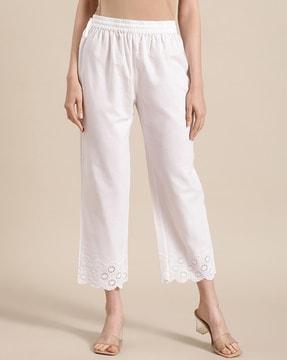 women schiffli embroidered straight fit pleated pants
