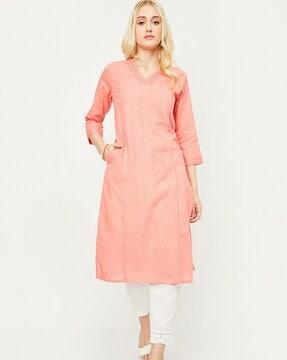 women schiffli embroidered straight kurta