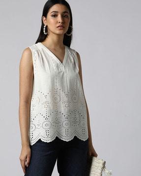 women schiffli embroidered top with scalloped hem