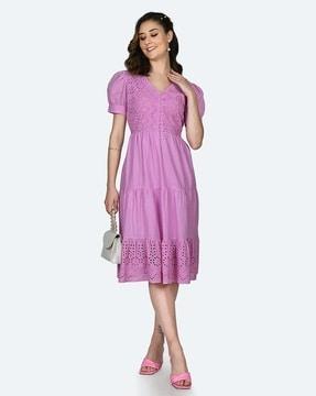 women schiffli embroidered v-neck fit & flare dress