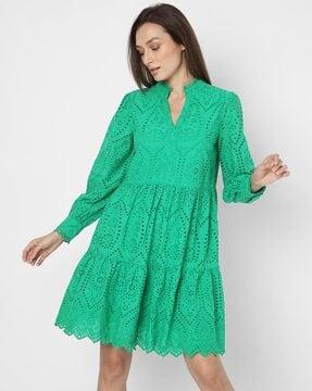 women schiffli fit & flare dress with cuffed sleeves