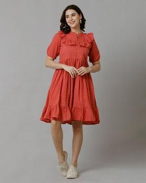 women schiffli fit & flare dress with ruffle detail