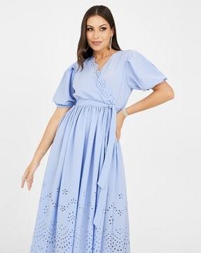 women schiffli insert a-line midi dress