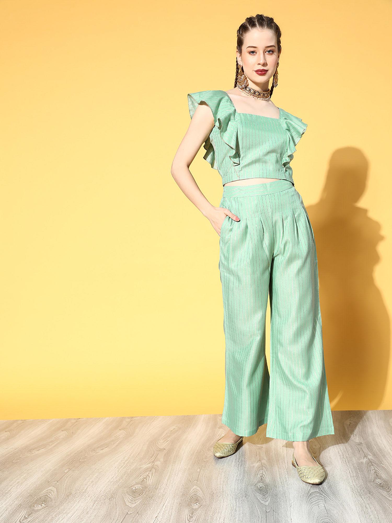 women sea green & golden striped top with trousers (set of 2)