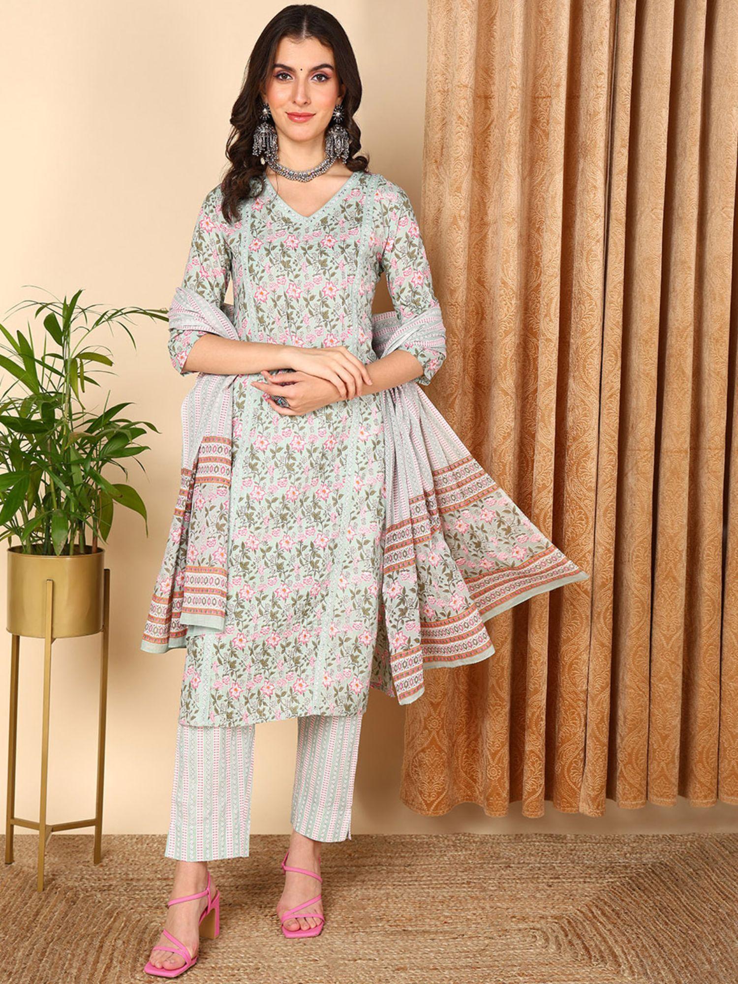 women sea green cotton printed kurta trouser with dupatta (set of 3)