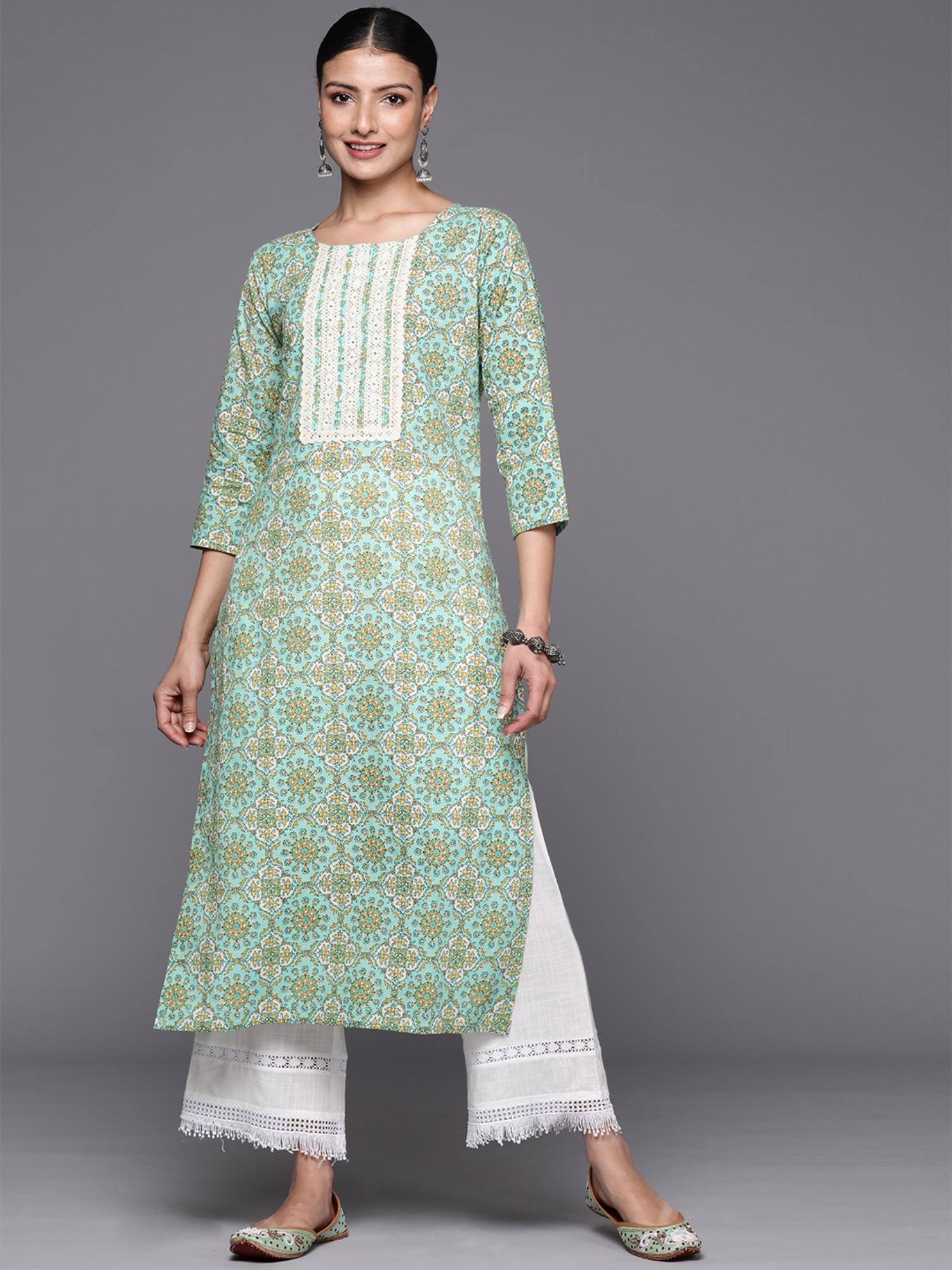 women sea green floral printed embellished with lace, straight kurta