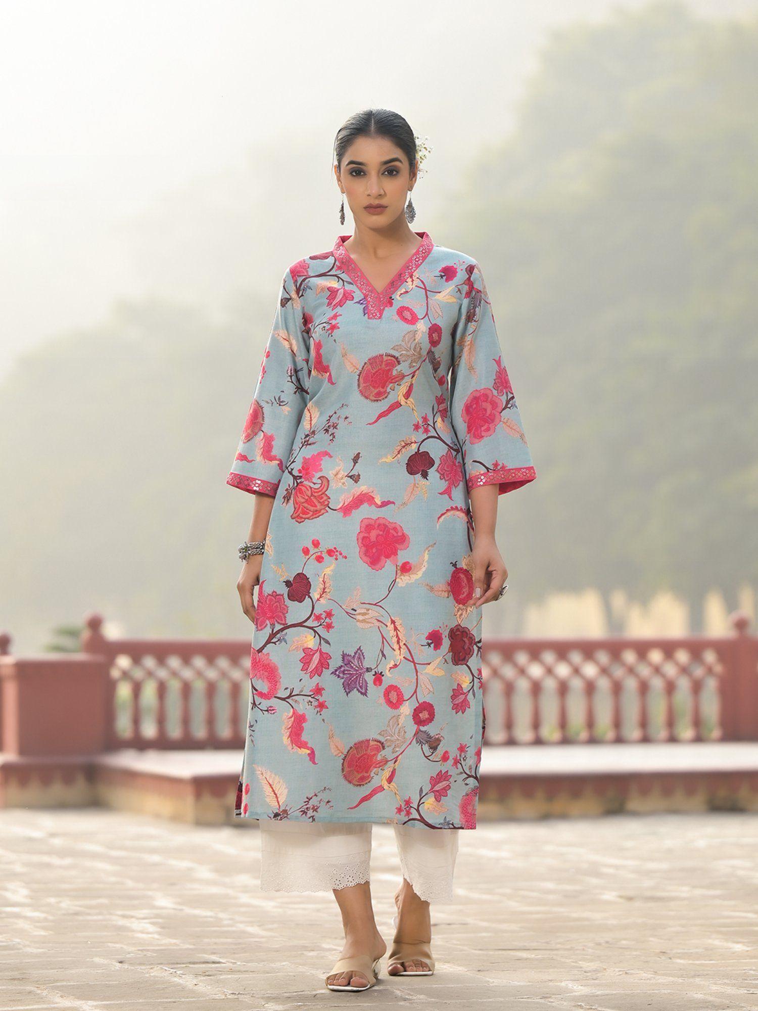 women sea green floral printed straight kurta with three fourth sleeves