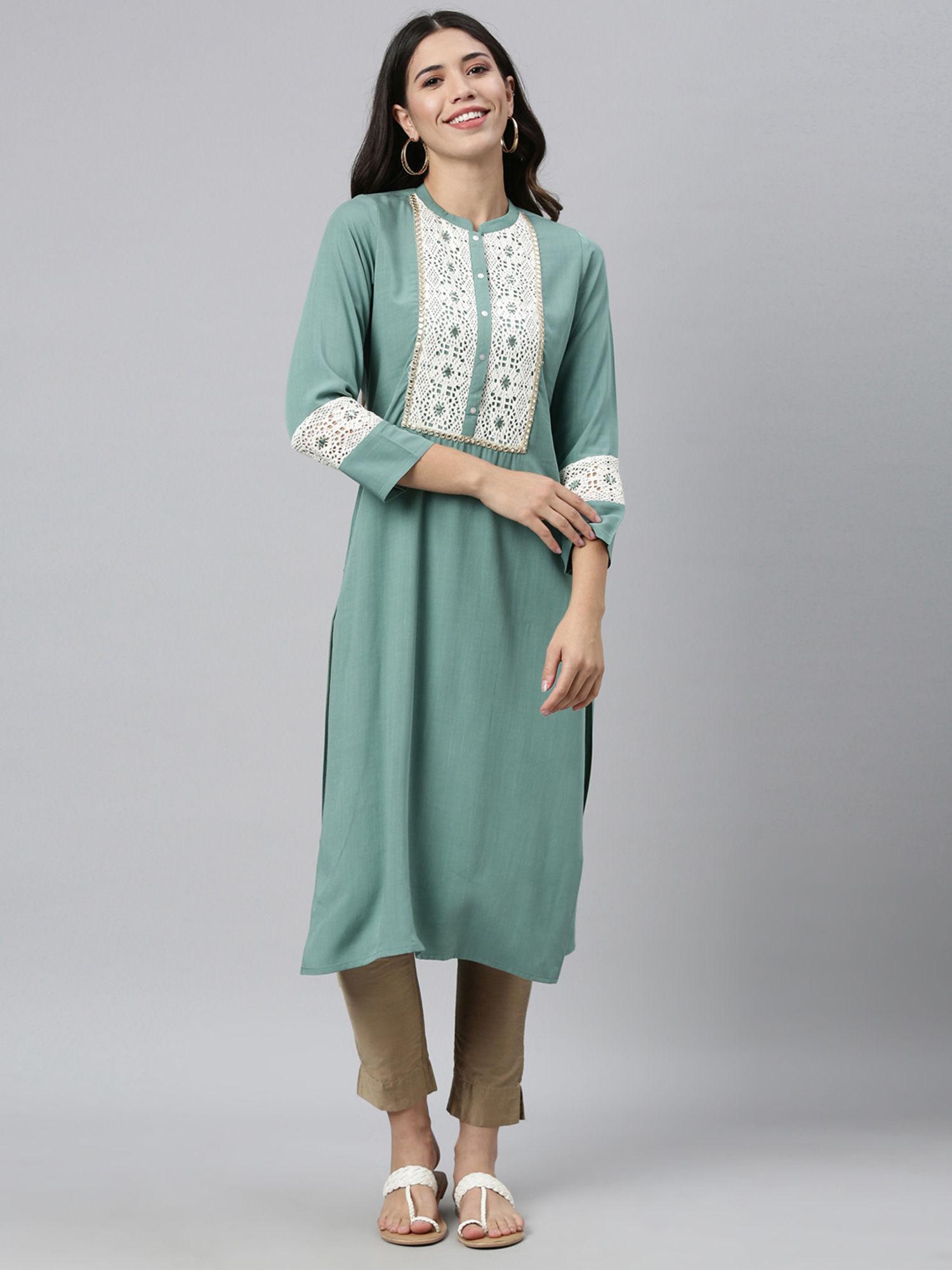 women sea green geometric embroidered mirror work kurta