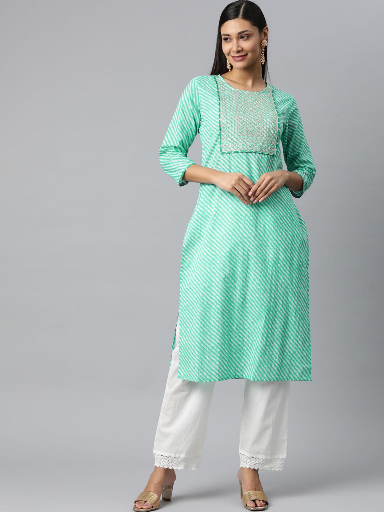 women sea green leheriya embroidered kurta