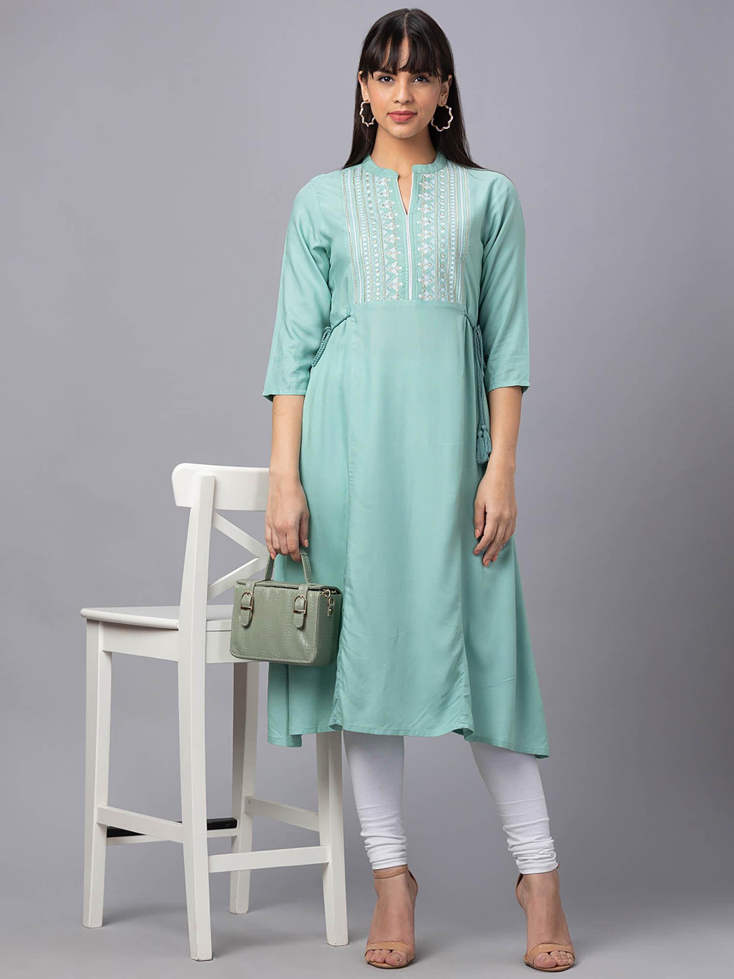 women sea green mandarin collar solid yoke embroidered panelled kurta with side tie ups