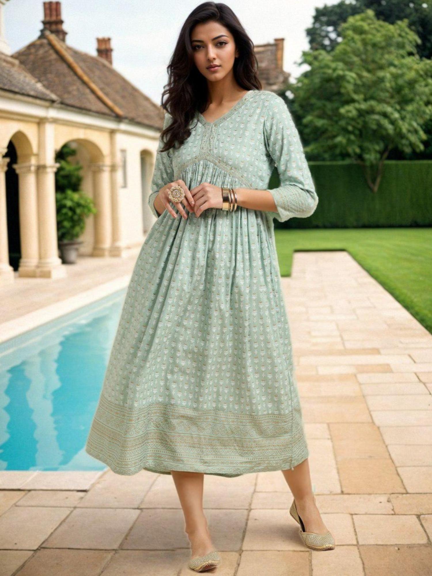 women sea green rayon printed a-line calf length dress