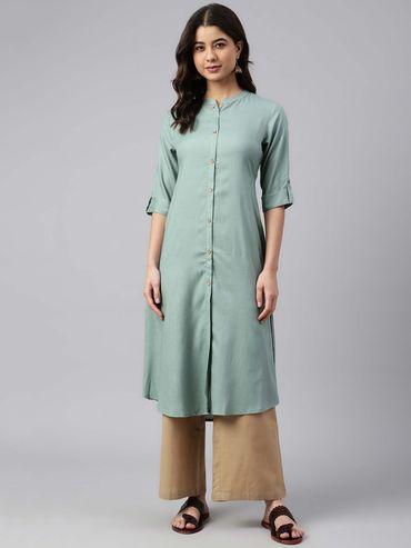 women sea green rayon slub solid shirt style kurta