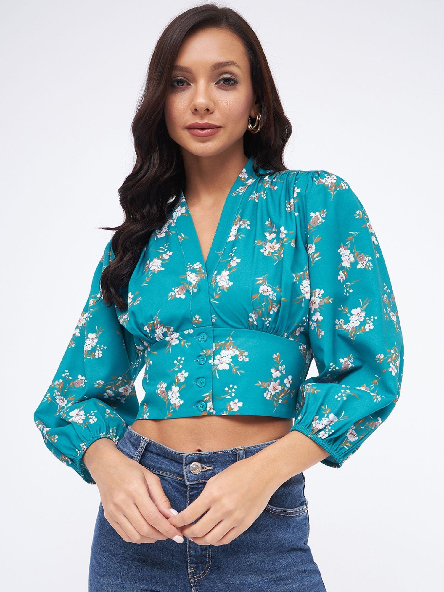 women sea green regular fit floral printed v-neck three fourth sleeves crop top