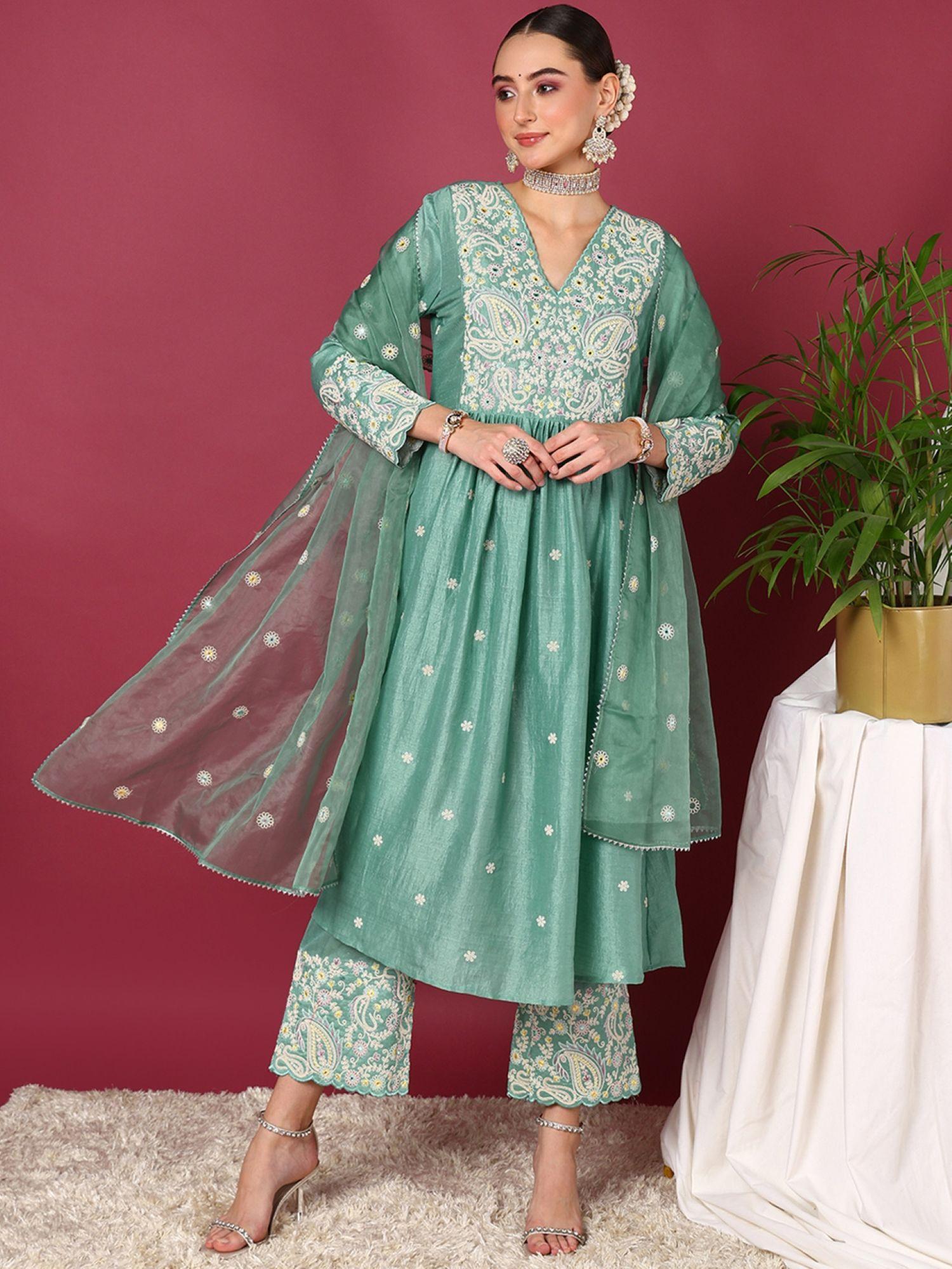 women sea green silk blend anarkali kurta pants with dupatta (set of 3)