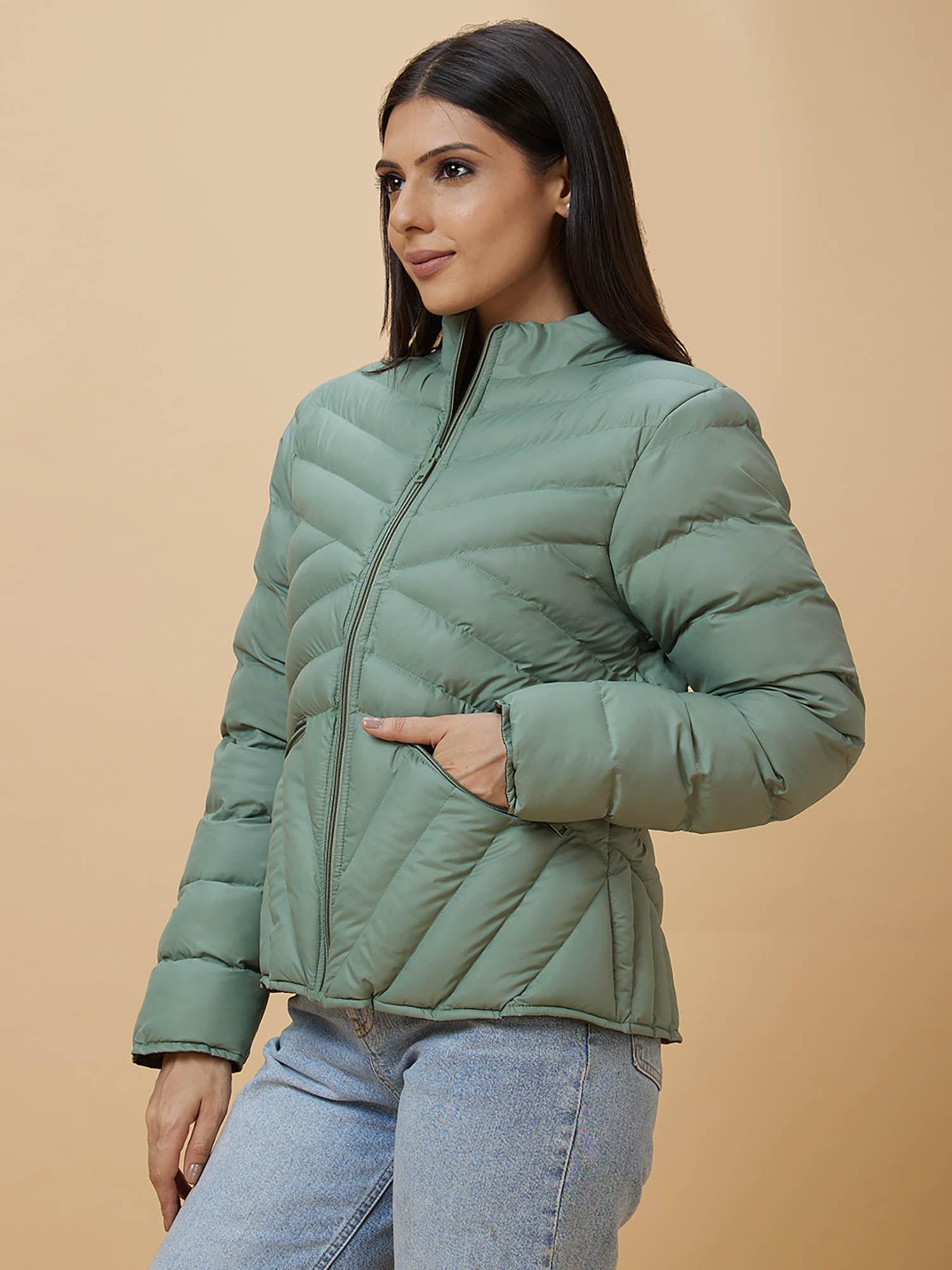 women sea green solid high neck puffer jacket