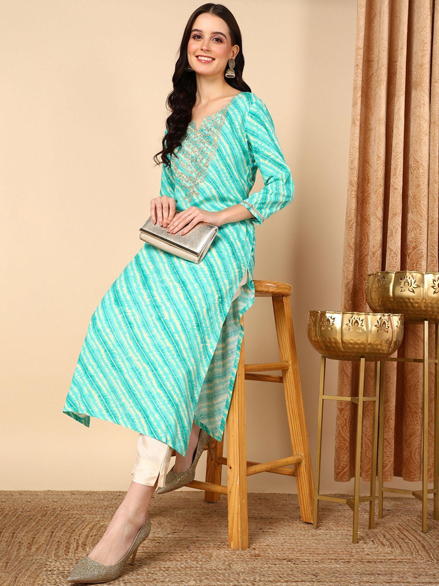 women sea green viscose rayon leheriya printed straight kurta (vck9629)