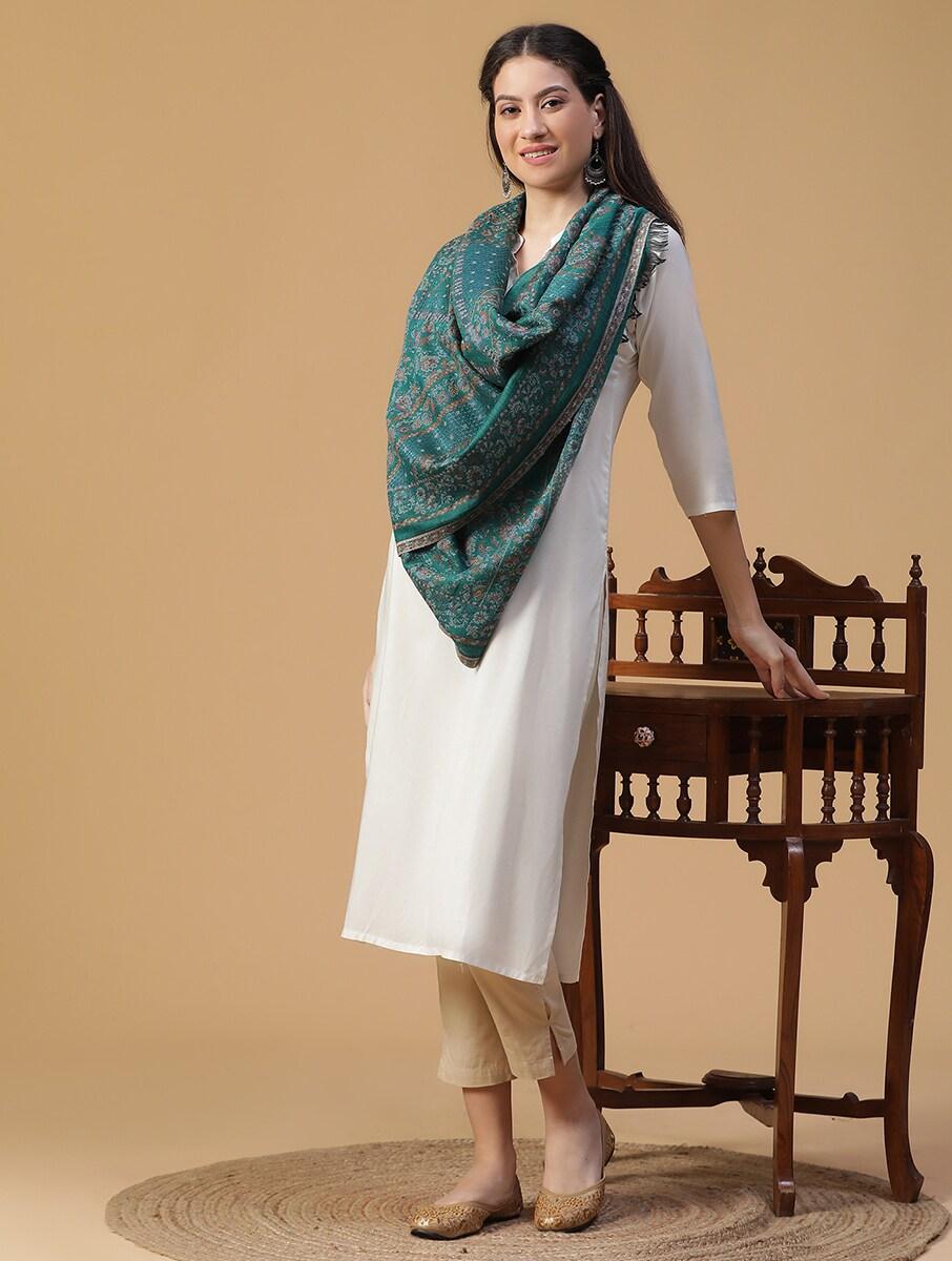 women sea green wool hand woven stoles