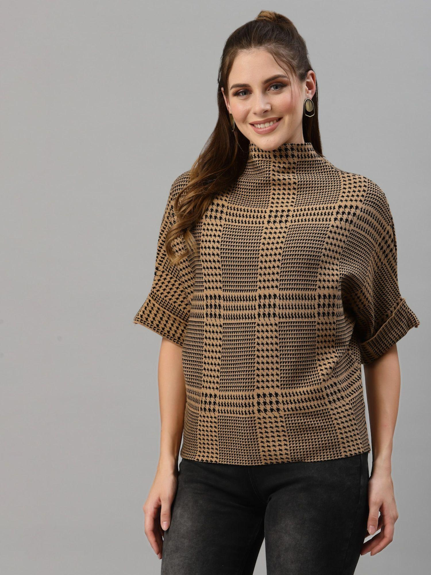 women self design 3/4th sleeve turtle neck viscose khaki sweater