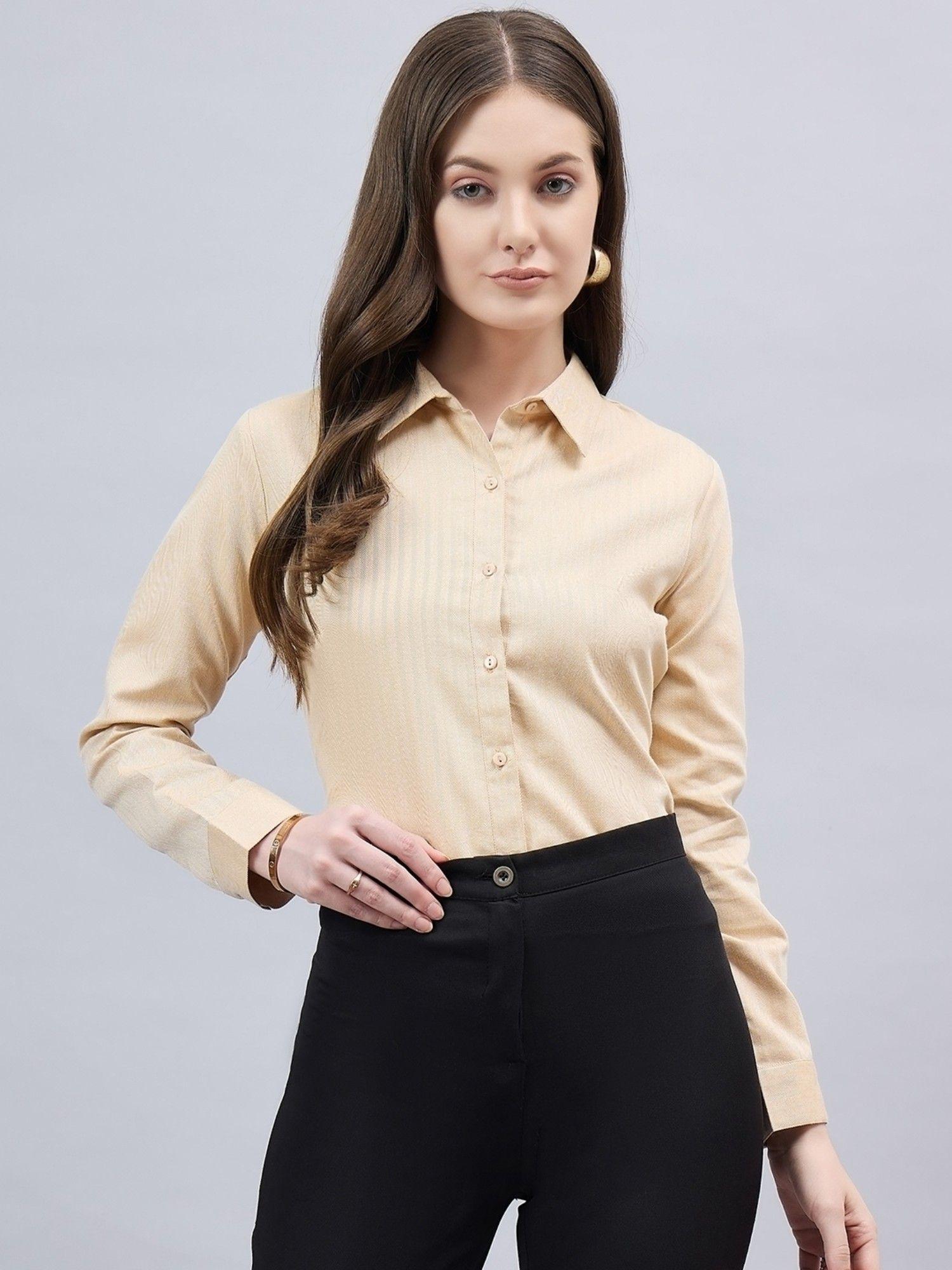 women self design beige polycotton formal shirt