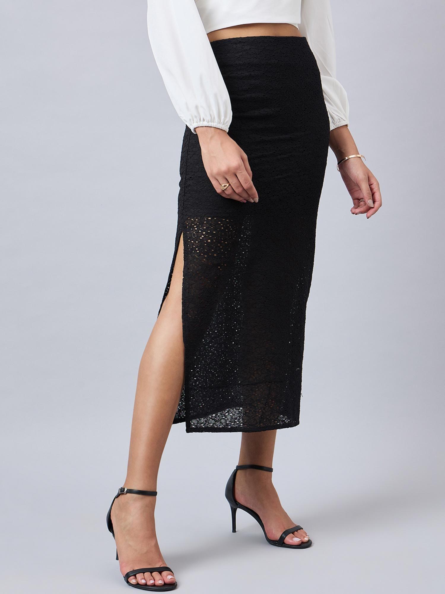 women self design black cotton lace regular fit smart casual pencil skirt