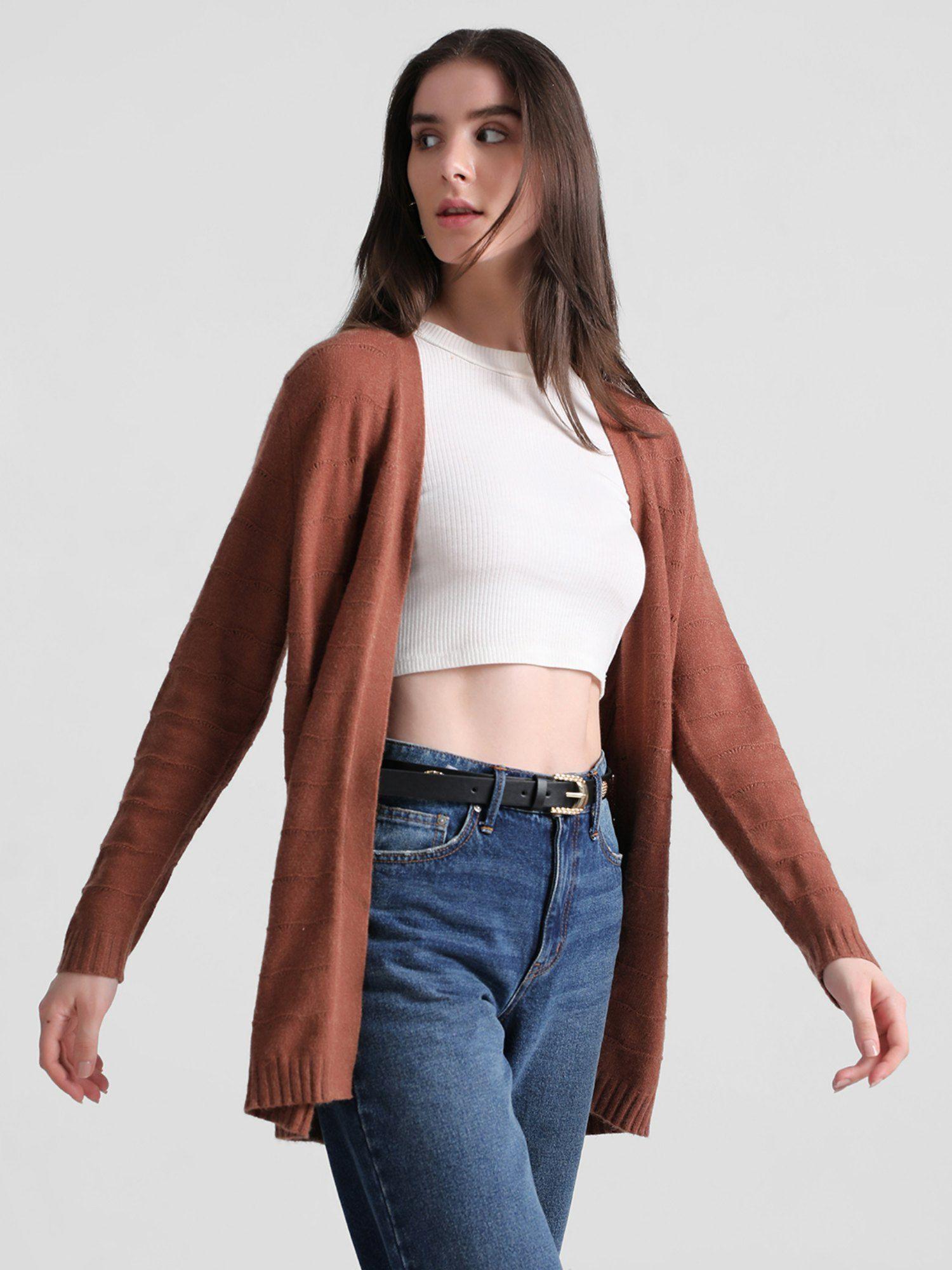 women self design brown cardigan