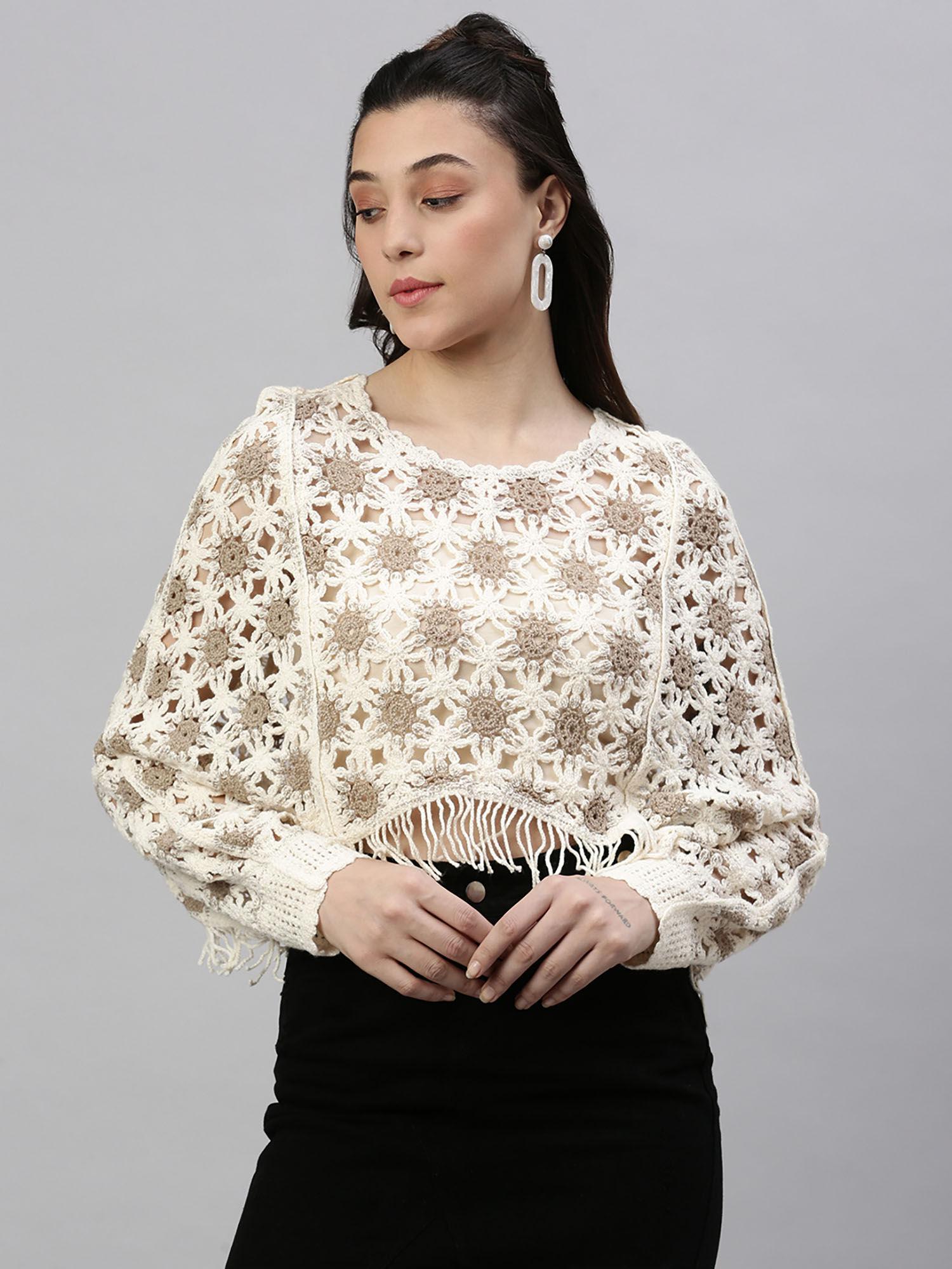 women self design cream cape crop crochet top