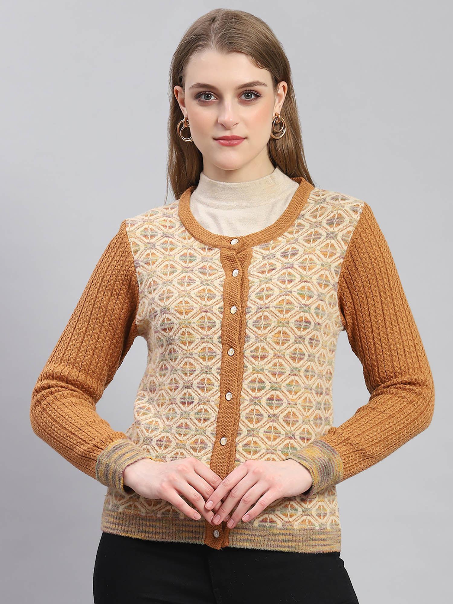 women self design full sleeves round neck rust cardigan