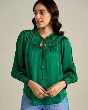 women self-design loose fit top with ruffle accent
