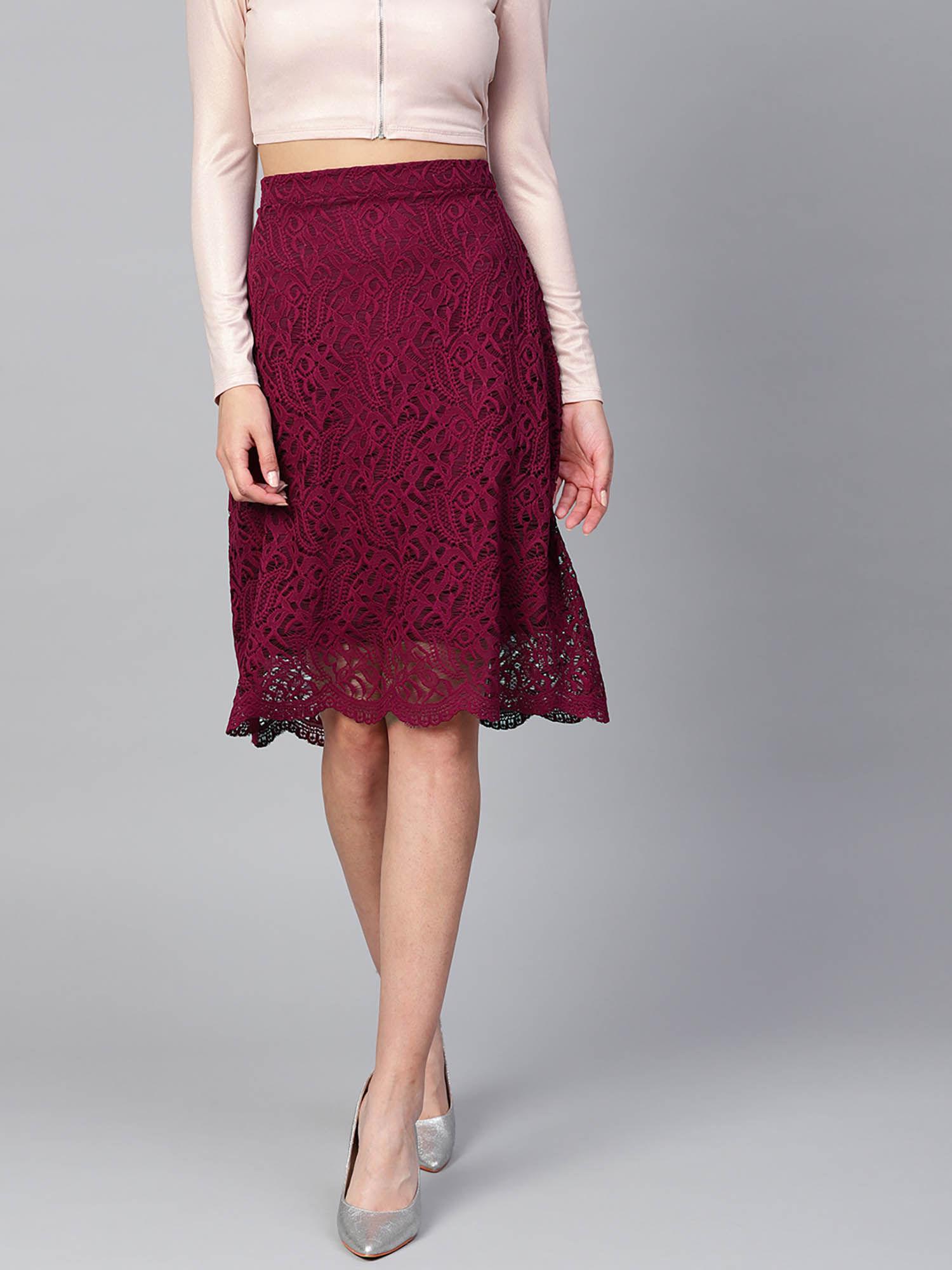 women self design maroon knee length skirt