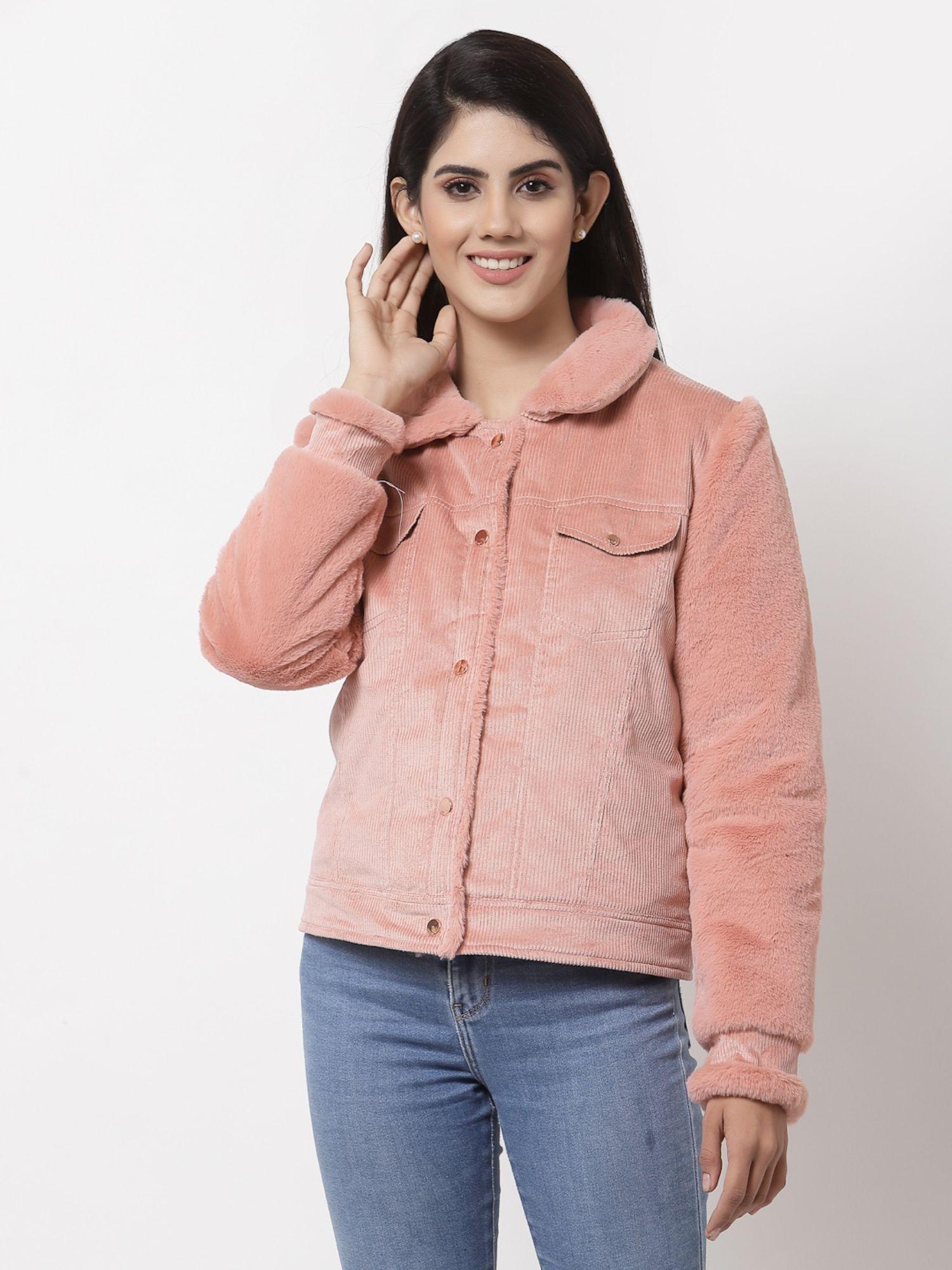 women self design peach collar neck corduroy winter jacket