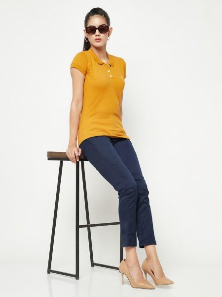 women self design polo neck cotton blend yellow t-shirt