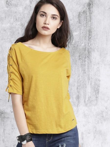 women self design round neck pure cotton yellow t-shirt