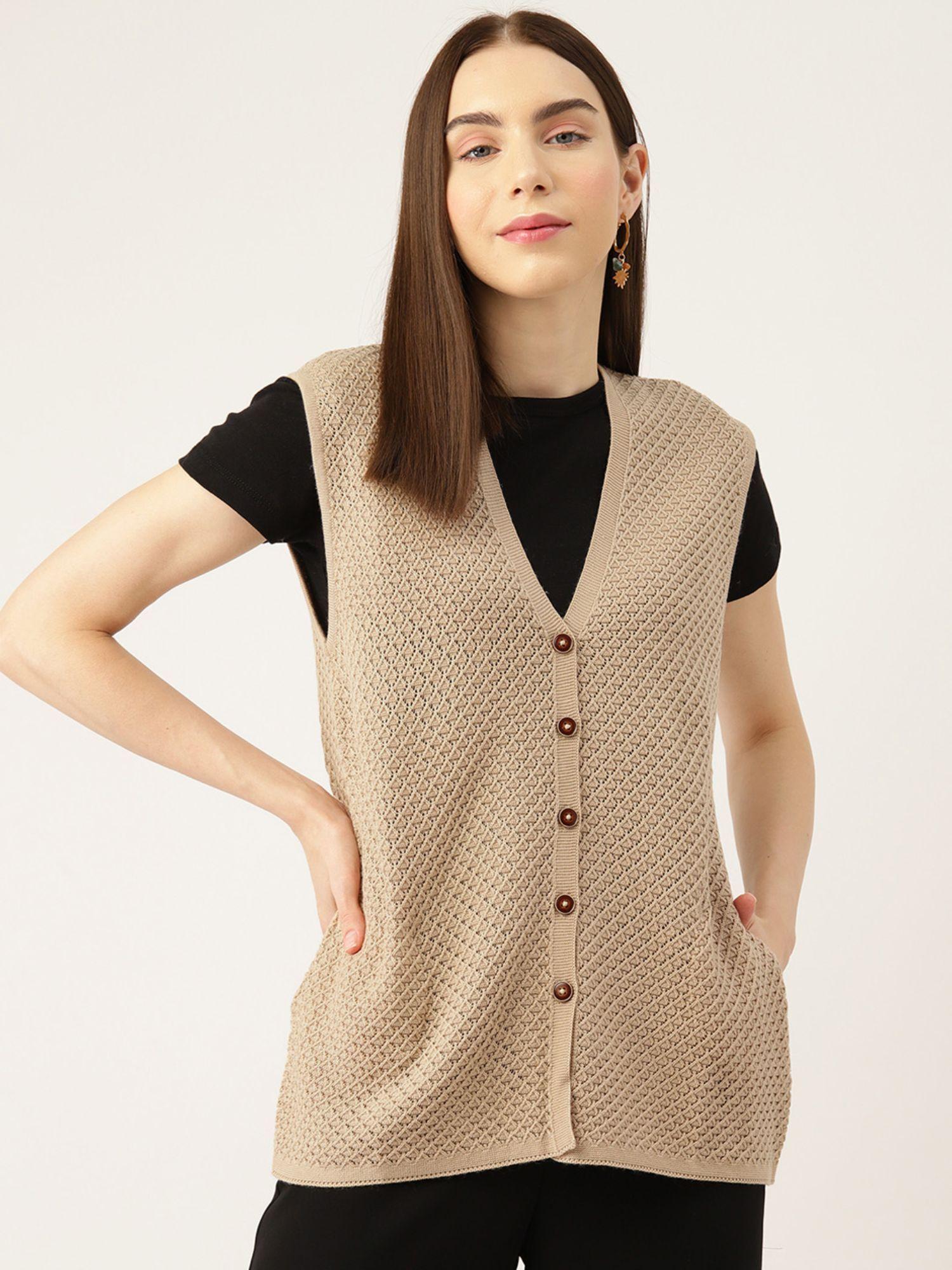 women self design sweater light brown