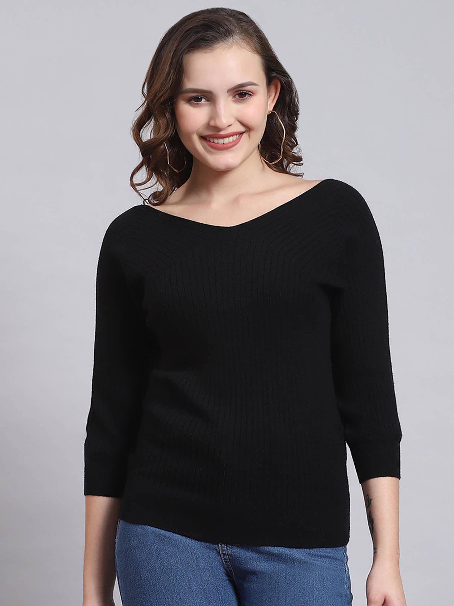 women self design three fourth sleeves v-neck black sweater
