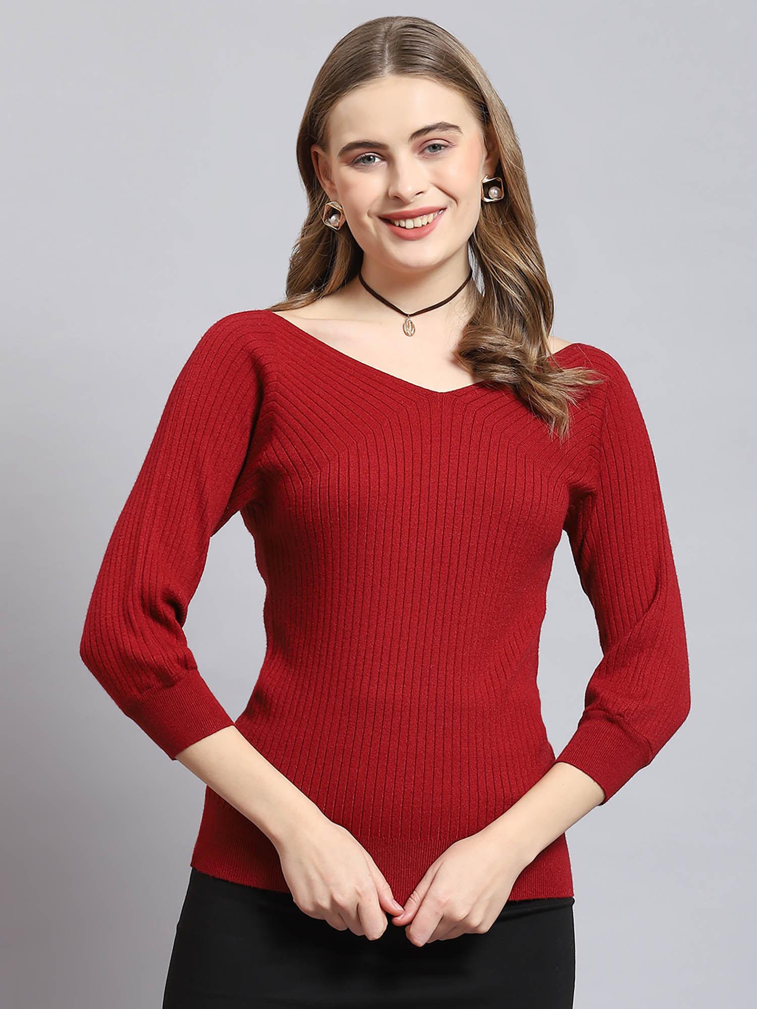 women self design three fourth sleeves v-neck maroon sweater