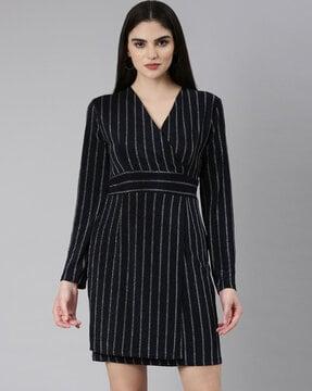 women self-striped a-line wrap dress