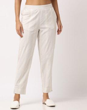 women self-striped straight fit pants