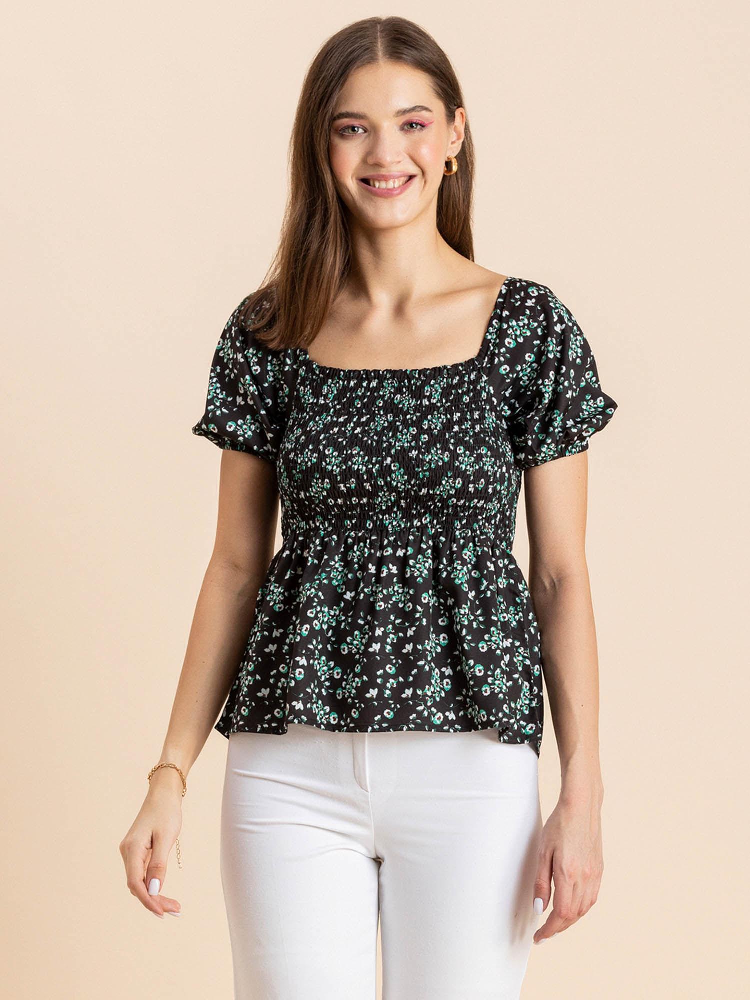 women semi-fit polyester floral black top