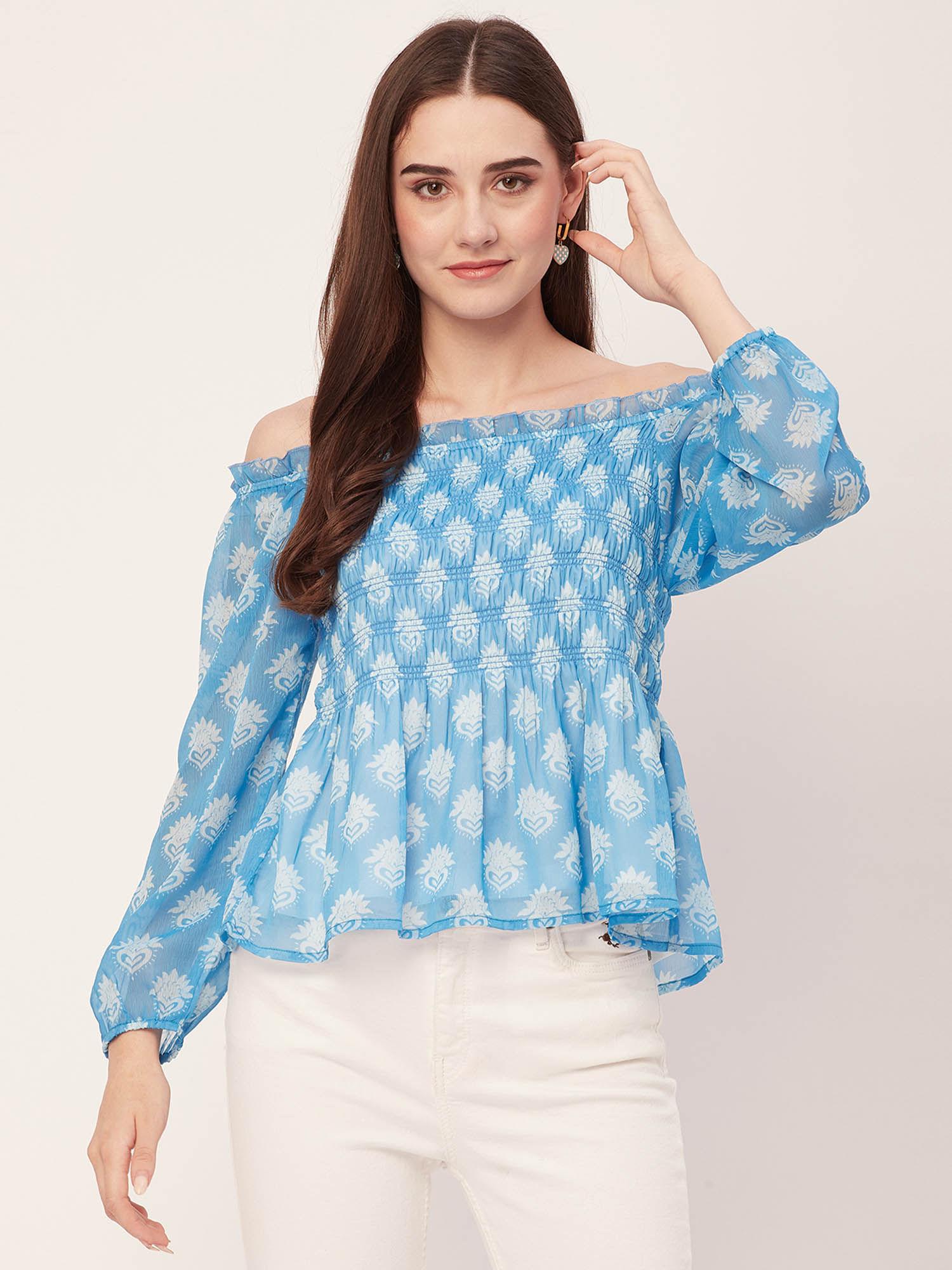 women semi-fit polyester floral blue top