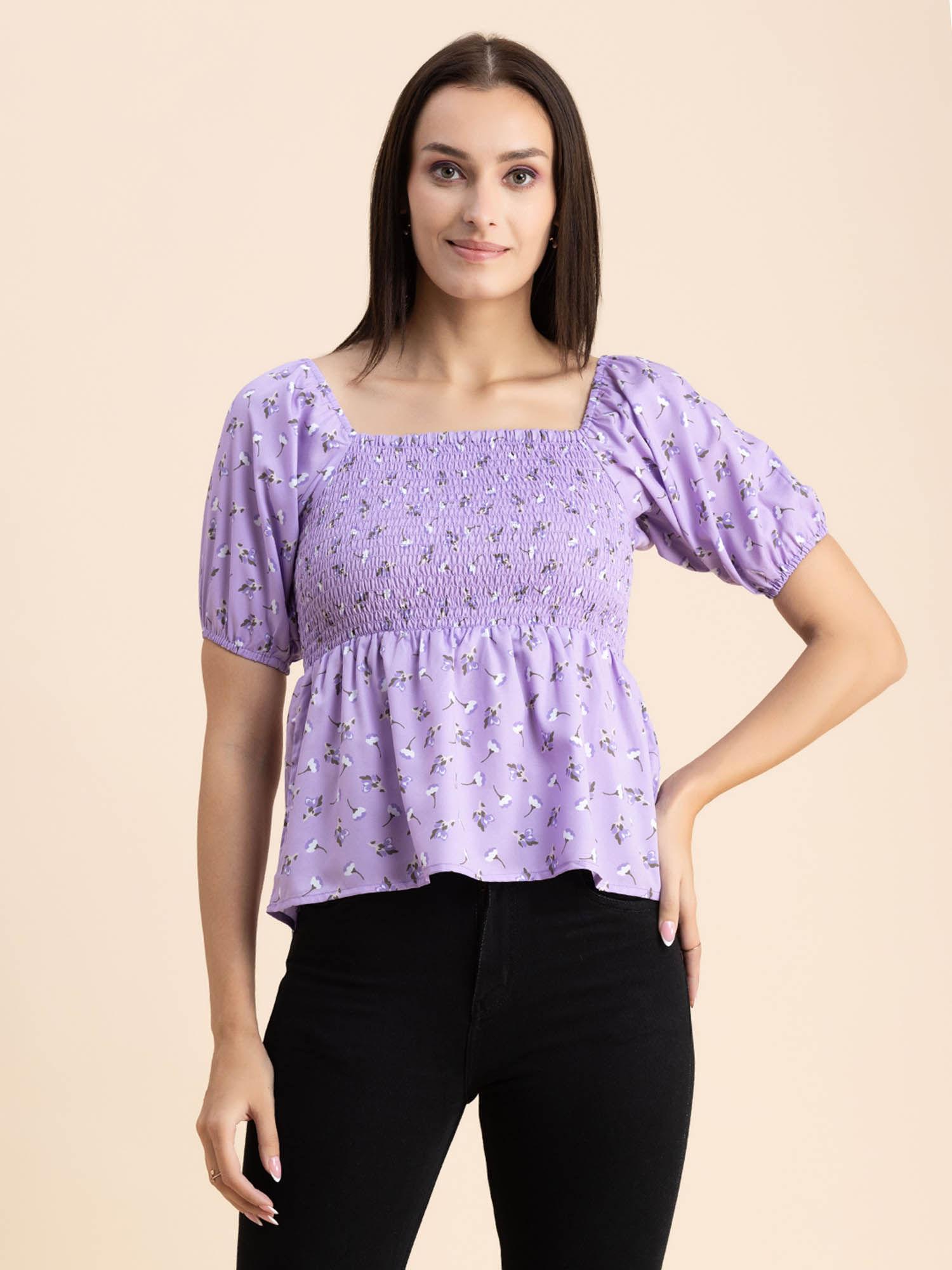 women semi-fit polyester floral lavender top