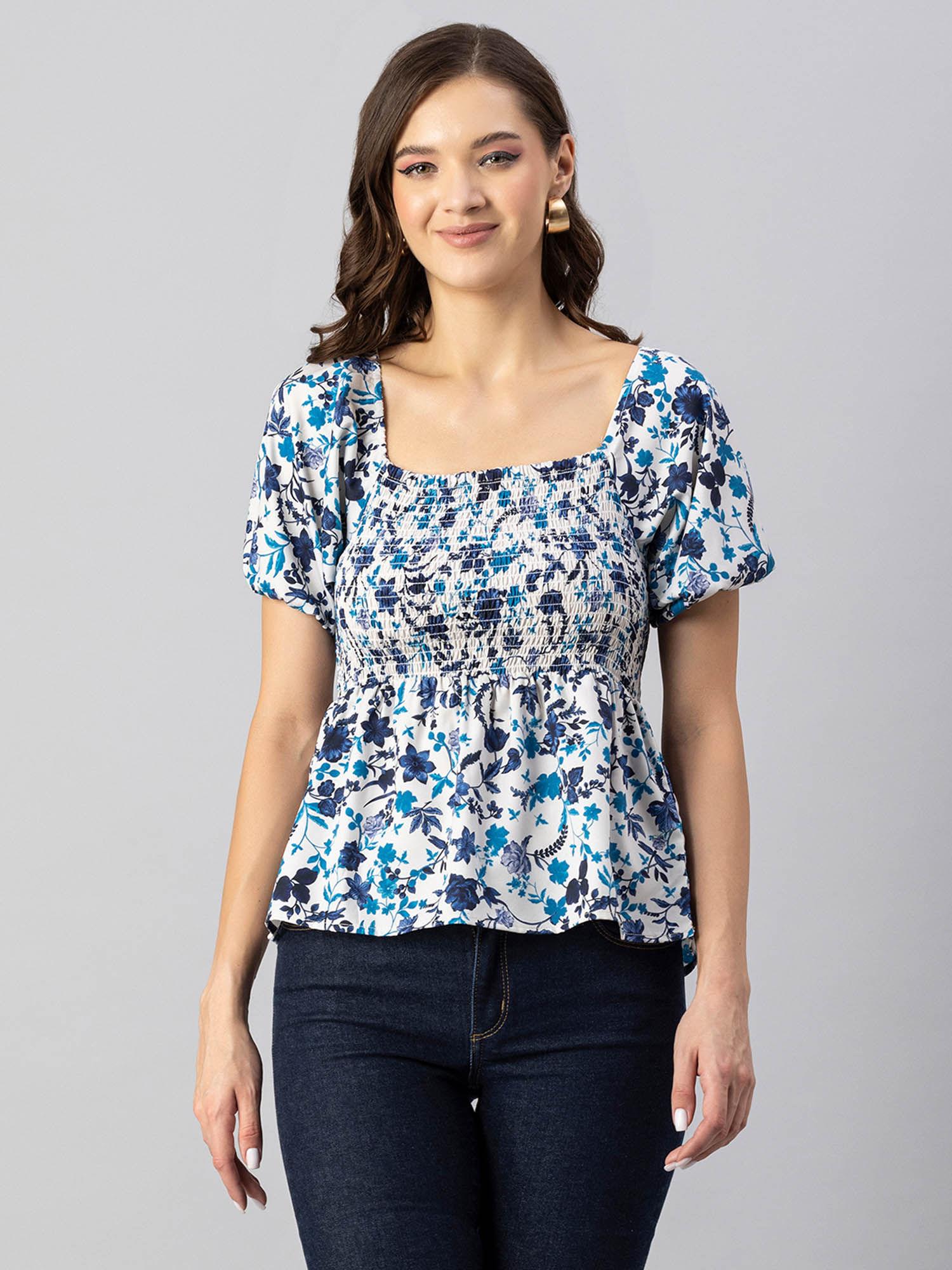 women semi-fit polyester floral white top