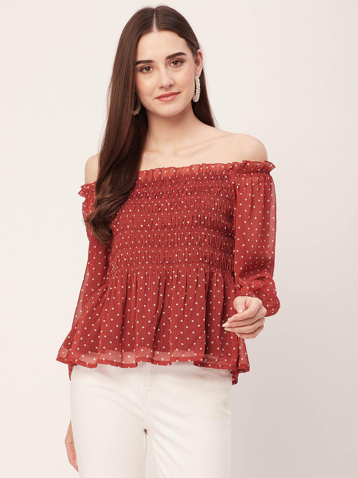 women semi-fit polyester polka dots maroon top