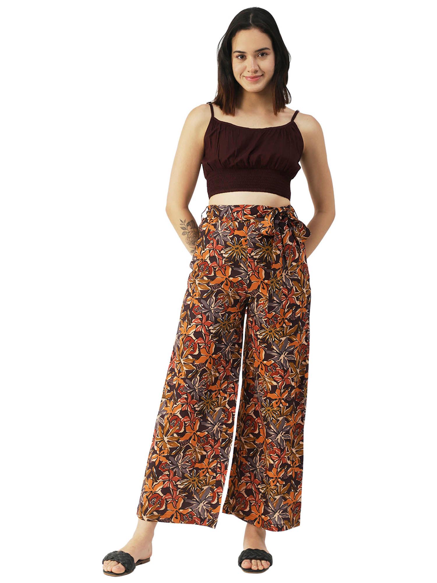 women semi-fit rayon floral brown crop co-ord (set of 3)