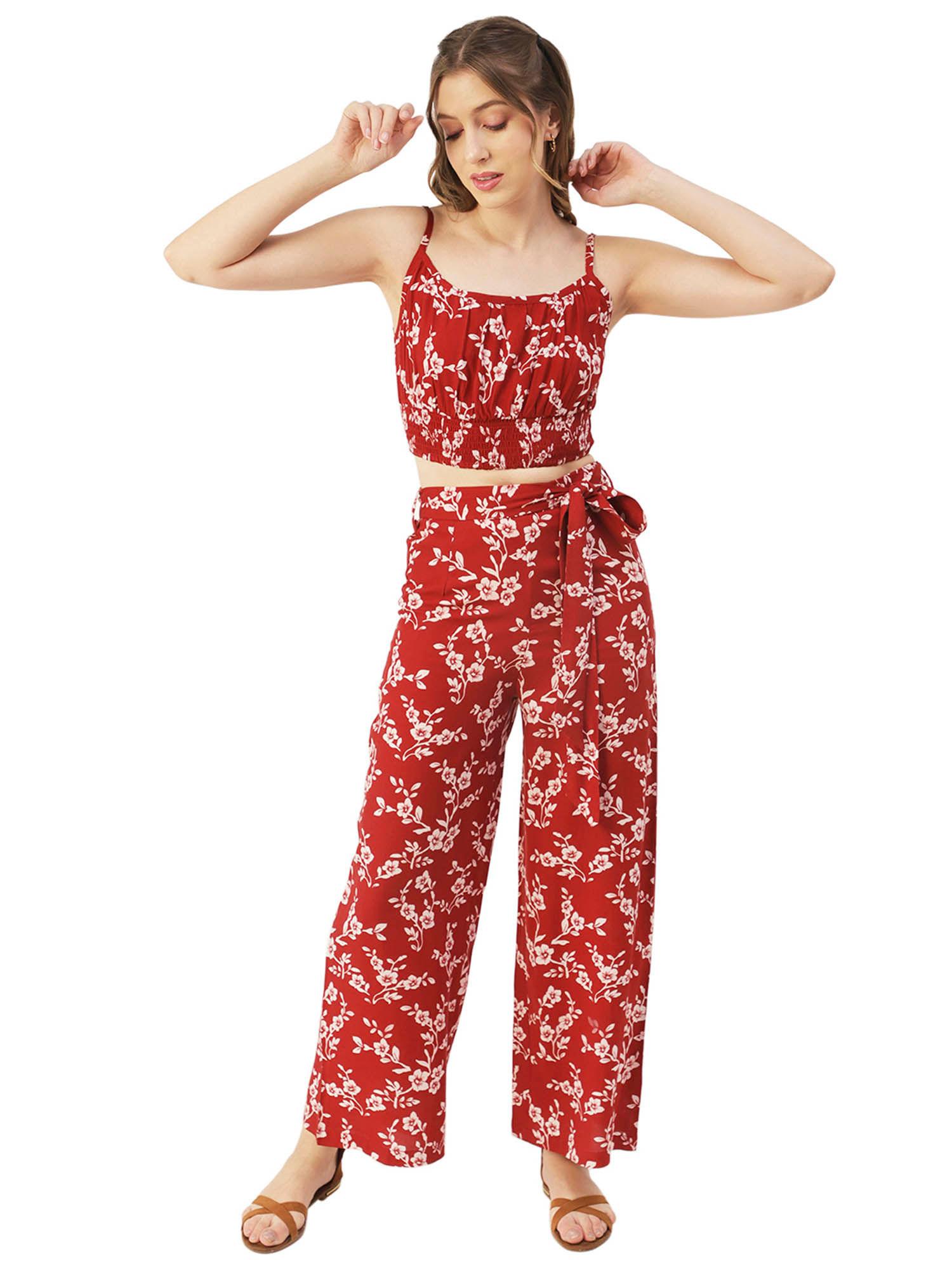 women semi-fit rayon floral red crop co-ord (set of 3)