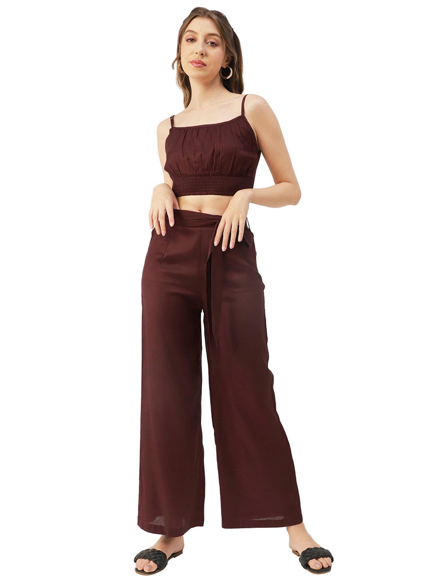 women semi-fit rayon solid maroon crop co-ord (set of 3)