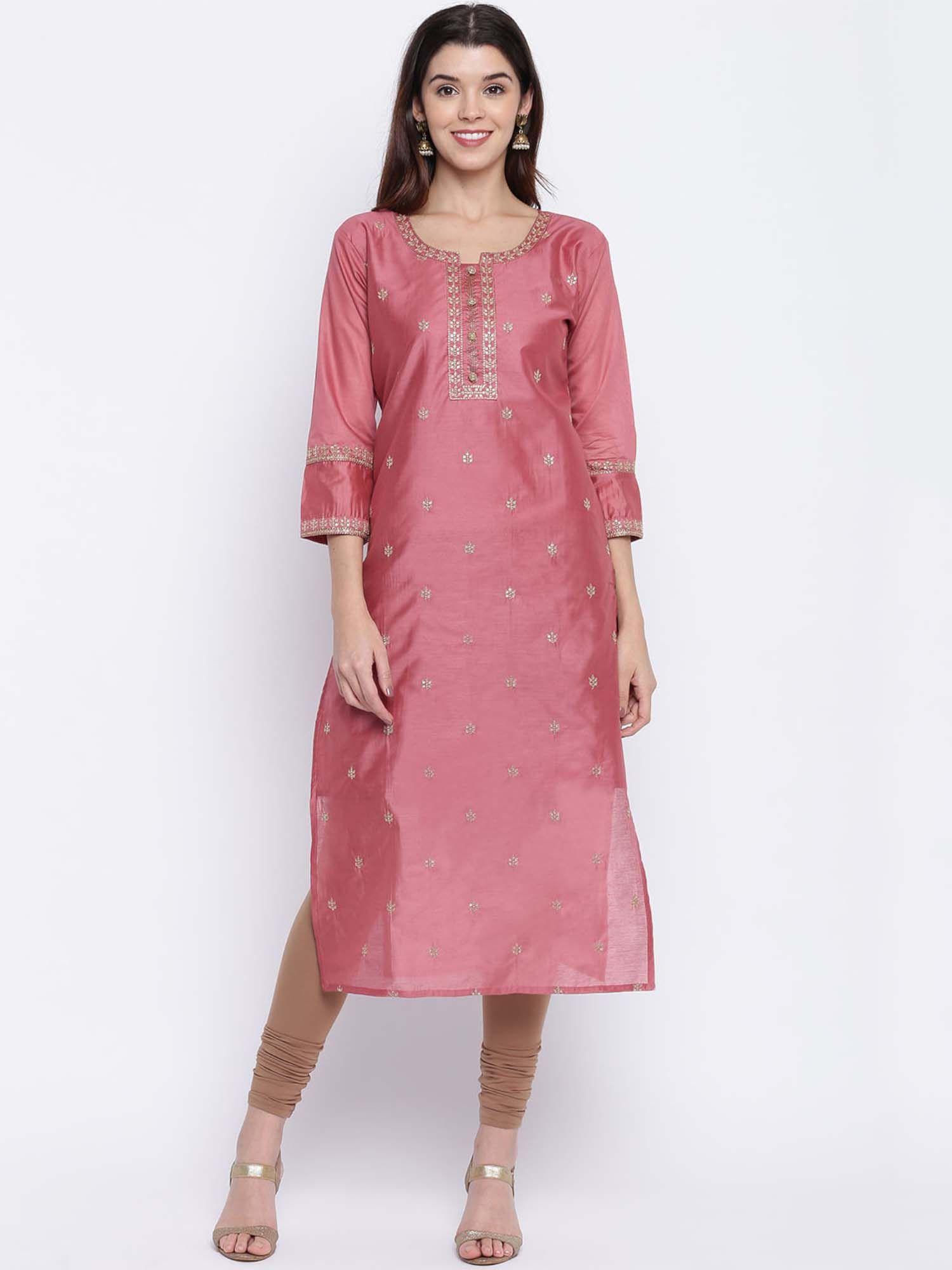 women sequence work and hand work straight chanderi dark peach kurti