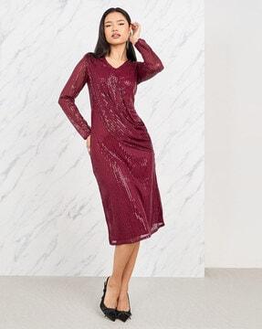 women sequin wrap sheath dress with drape detail